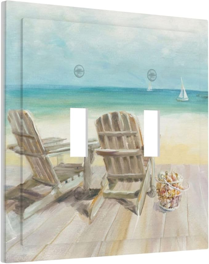 Light Switch Cover Beach Beach Chair Seascape Blue Ocean 2 Gang Wall Plate Double Light Switch Plate Modern Coastal Toggle Decorative Outlet Covers Electrical Switchplate for Bathroom Bedroom