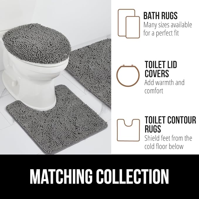GORILLA GRIP Bathroom Rug Sets 3 Piece, Bath Mat Set and Oval Toilet Base with Rubber Backing, Plush Absorbent Shaggy Chenille Washable Mats, Includes 24x19.5, 24x17 and 36x24 Inch Rugs, Grey