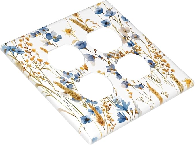Vintage Wildflower Blue Gold Country Fall Wheat Floral Outlet Covers 2 Gang Double Duplex Decorative Light Switch Covers Electrical Wallplates Socket Faceplate for Bedroom Living Room Decor