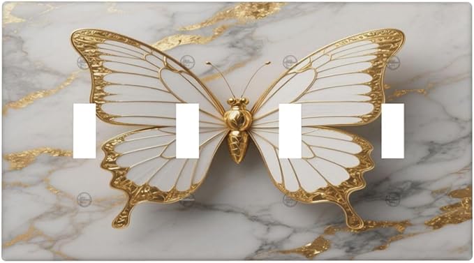 Gold Marble Shine Butterfly Abstract Modern Print Light Switch Covers Quad Toggle Electrical Faceplate 4 Gang Wall Plate Decorative Switch Plates for Bed Room Bathroom Decor