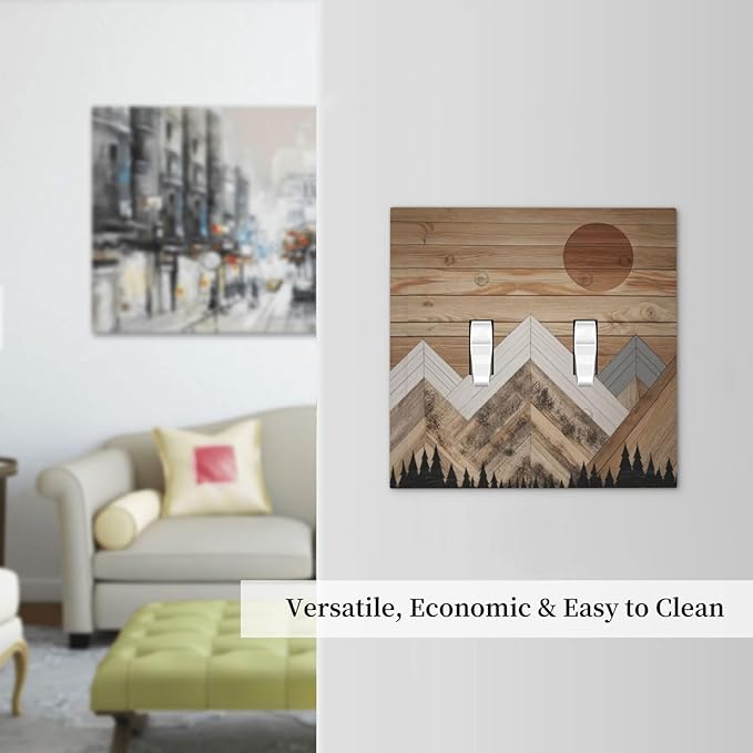 Wooden Planks Mosaic Snow Mountain Sun Decorative Switch Plates 2 Gang Double Toggle Outlet Light Switch Cover Wall Plate Electrical Faceplate for Farmhouse Home Decor