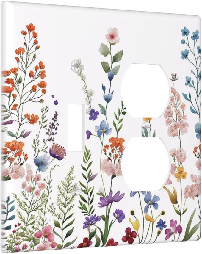 Rustic Wild Floral Vintage Colorful Flowers Outlet Covers 2 Gang Combination 1 Toggle/1 Duplex Light Switch Cover Decorative Gfci Wall Plate Electrical Receptacle Switchplate Bathroom Decor