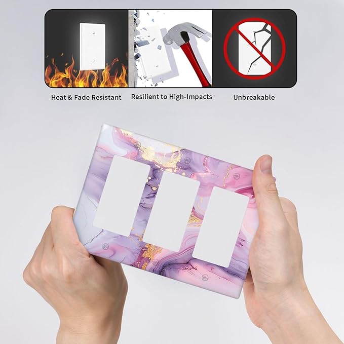 Light Switch Covers Pink Marble Abstract Purple Gold Texture 3 Gang Rocker Electrical GFCI Decorative Triple Outlet Wall Plate Cover Switchplate for Bathroom living Room Decor