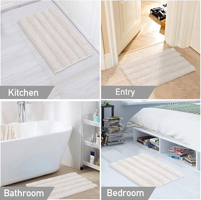 Turquoize Chenille Bath Mat, Soft Absorbent Shag Rug, Non Slip Bathroom Rugs, 20 x 32, Ivory