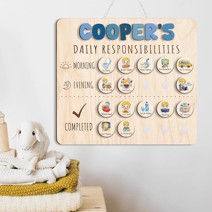 Personalized Wooden Daily Routine Chart 13.5x15", Visual Schedule, Daily Responsibilities for Kids, Morning Bedtime Routine Chart for Toddlers (13)