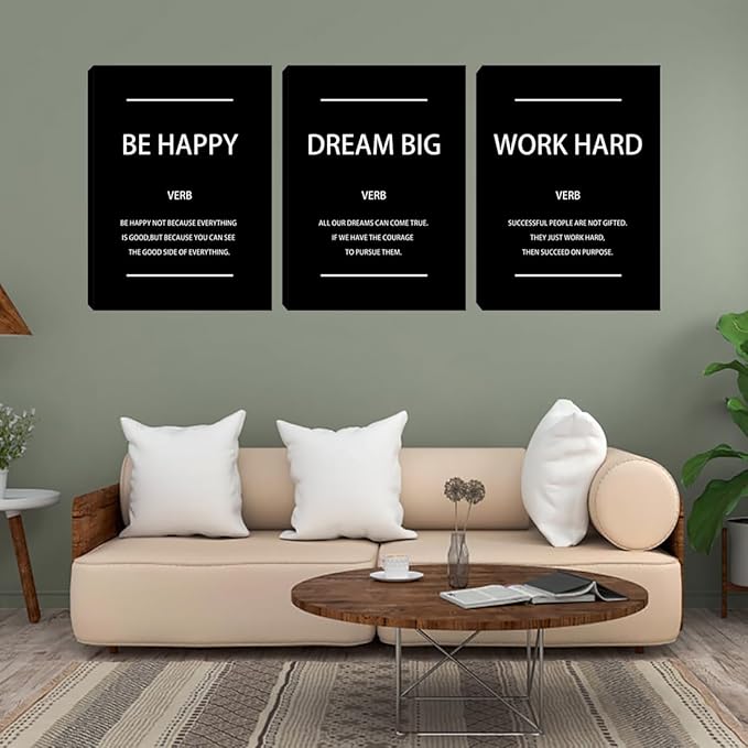 Unbruvo Motivational Office Wall Art, 3 Pieces Inspirational Canvas Wall Art, Dream Big Be Happy Work Hard Prints Poster Wall Decor for Living Room BedRoom Dorm(60" Wx28 H)