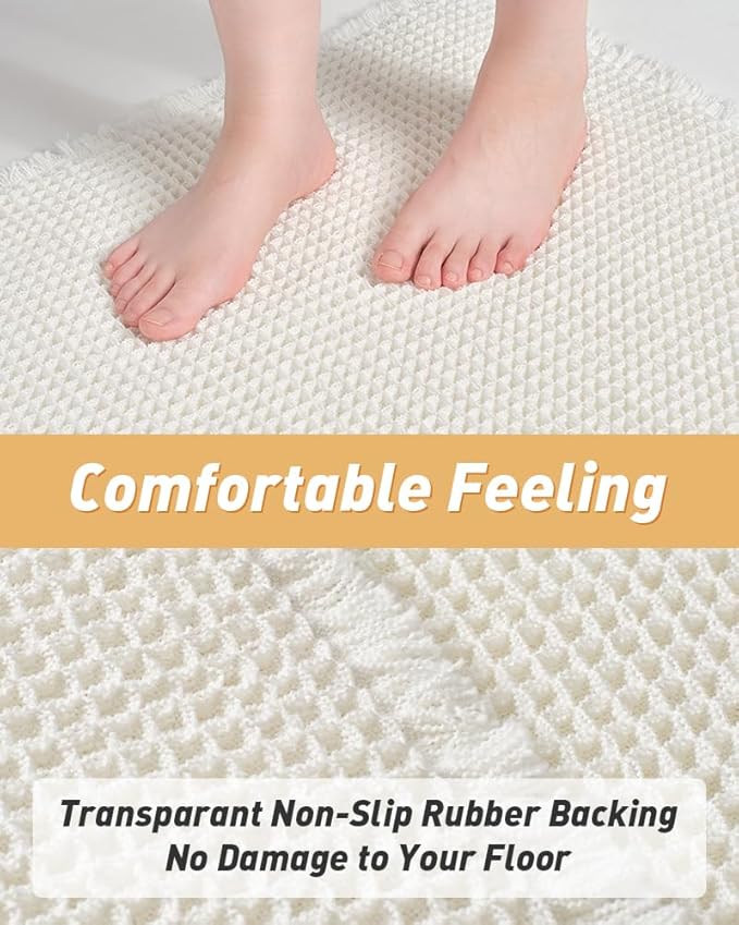 AMOAMI Waffle Runner Rug Super Absorbent Non Slip Bath Mats for Bathroom Floor, Machine Washable Boho Bathroom Runner Rug with Tassels, Ideal for Hallway Bedroom Laundry Room, 17" x 48"