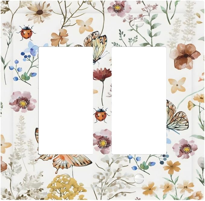 Boho Multicolor Flower Butterfly Insect Floral Decorative Outlet Covers 2 Gang Double GFCI Rocker Electrical Wall Panels Light Switch Cover Plate for Bedroom Living Room Decor