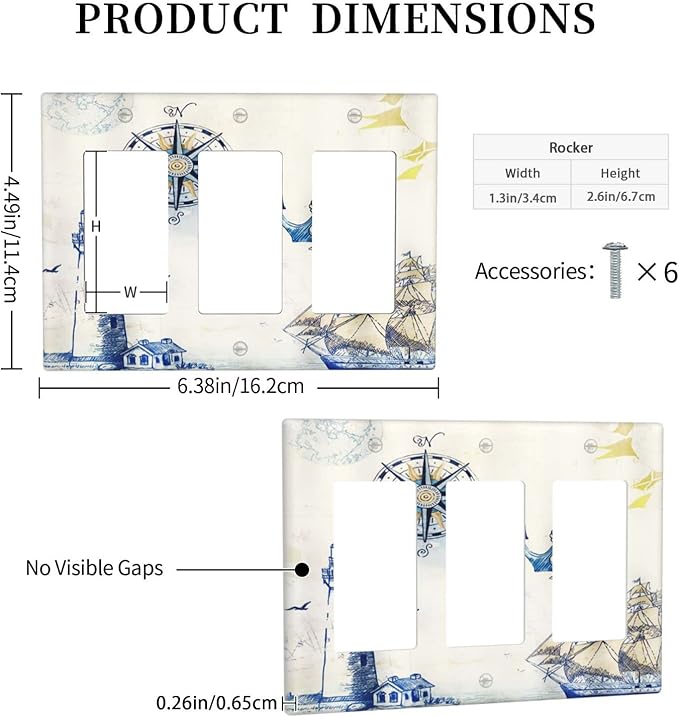 Nautical Sailboat Lighthouse Compass Anchor Triple Rocker Outlet Covers Decorative 3 Gang Light Switch Cover Plate Rustic Gfci Electrical Switchplate Receptacle Wall Plate for Bathroom Decora