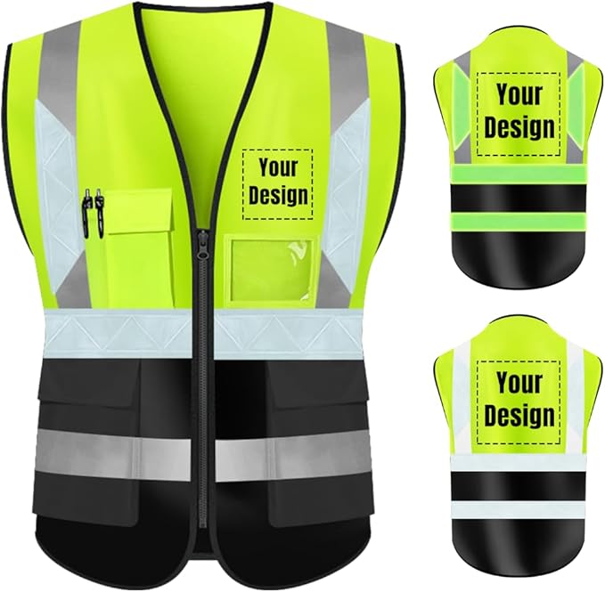 YOWESHOP High Visibility Safety Vest Custom Your Logo Protective Workwear 5 Pockets With Reflective Strips Outdoor Work Vest (2XL, Yellow Black Luminous)