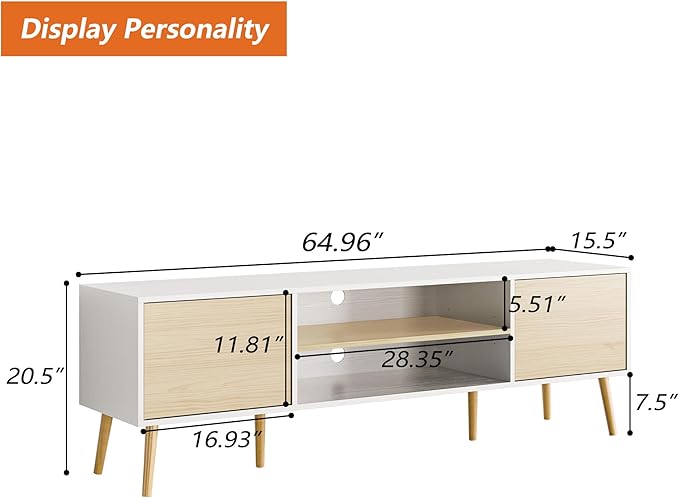 TV Stand for 75 Inch TV, Entertainment Center with Storage, 2 Cabinet Media Console Table, Wood Feet, Living Room, Bedroom Furniture,White&Oak
