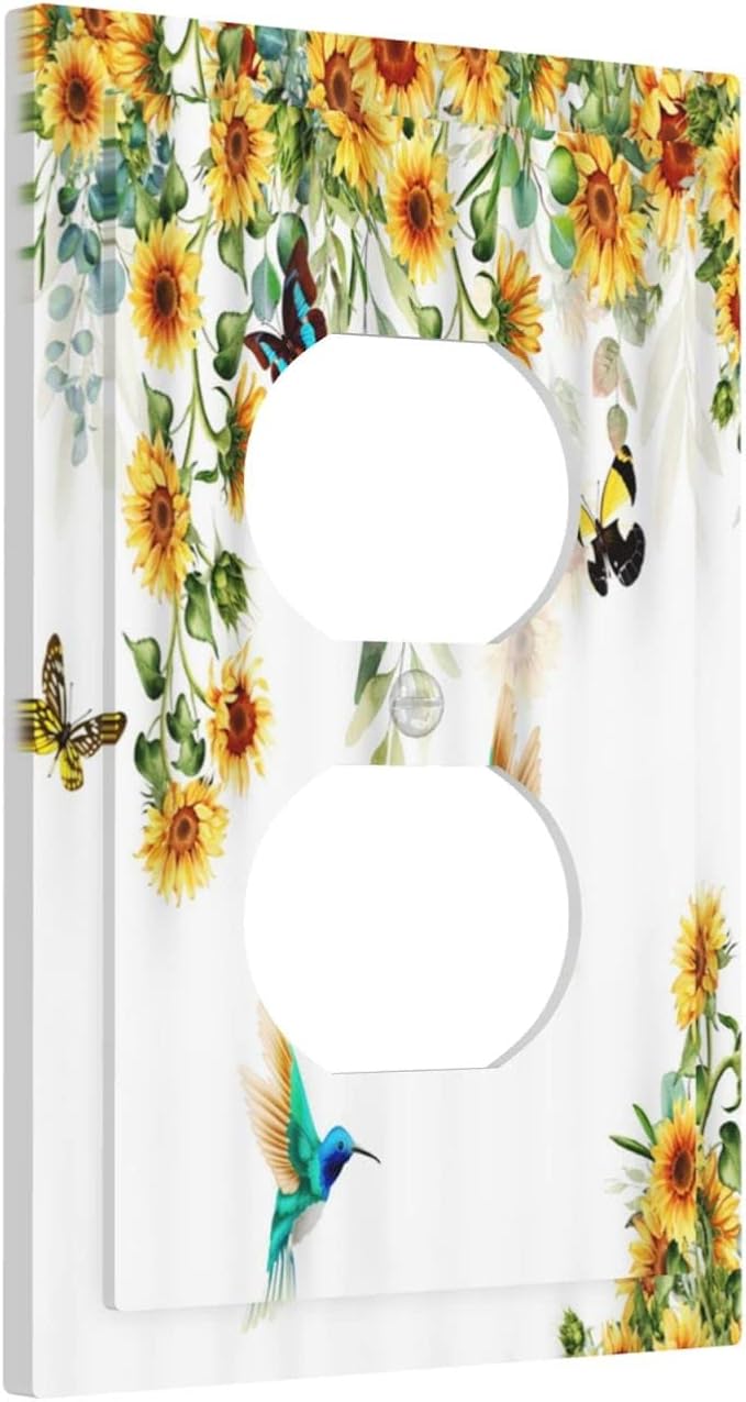Outlet Covers Yellow Sunflower Blue Hummingbird Butterfly 1 Gang Duplex Light Switch Cover Decorative Wall Plate Rustic Farmhouse Floral Botanical Single Receptacle Electrical Switchplate