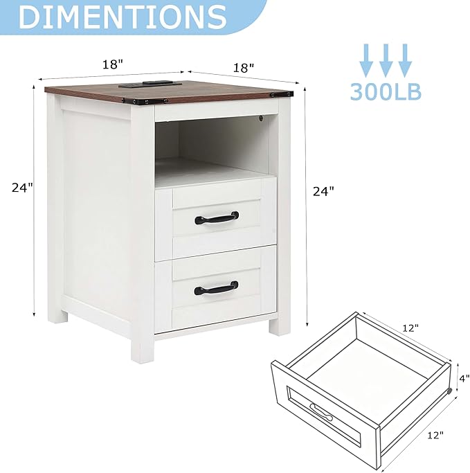 White Night Stand, Rustic End Table with Charging Station, Farmhouse Tall Nightstand for Bedroom, Drawer Dresser Bedside Table with Open Storage Shelf