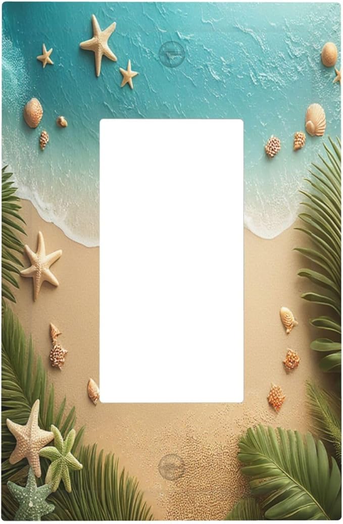Decorative Outlet Covers Summer Beach Themed Starfish Seashells 1 Gang Single Rocker Light Switch Cover Plate Wall Plates GFCI Faceplate for Bedroom Bathroom Decor