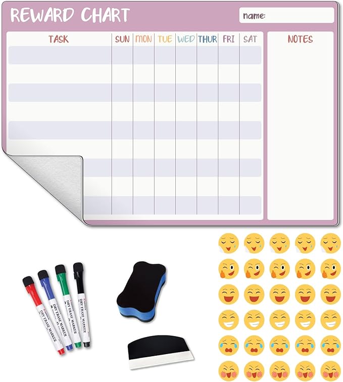 COMIX Magnetic Dry Erase Board, Adhesive Reward Task Chart 26" x 17" Chore Chart Whiteboard for Kids with Cute Magnetic Emoji, Educational to Do List Set for Student Home Classroom