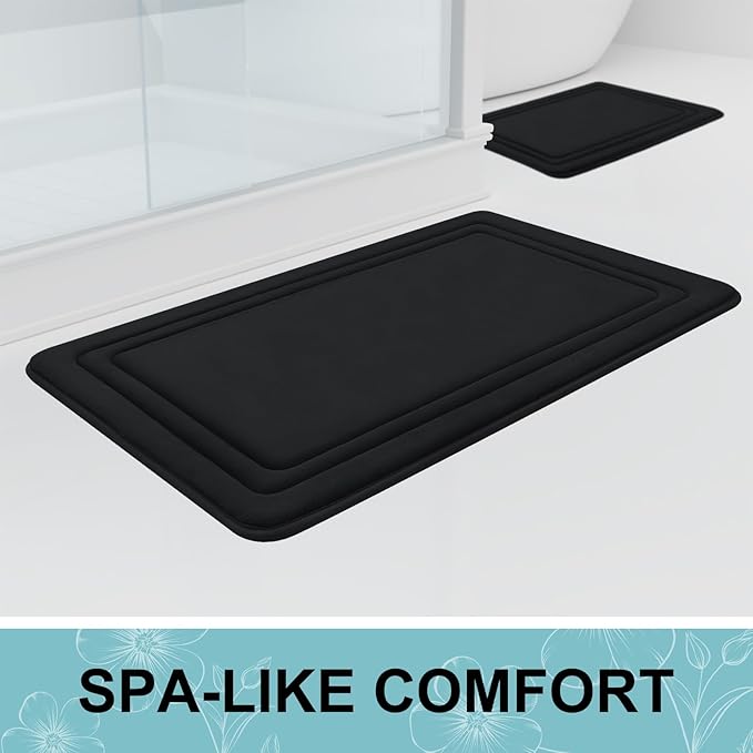 Grandaily Memory Foam Bath Mat Rug 24x16, Ultra Soft, Non-Slip and Absorbent Bathroom Rugs, Machine Wash Dry, Comfortable Bath Carpet for Bathroom Floor, Tub and Shower, Black