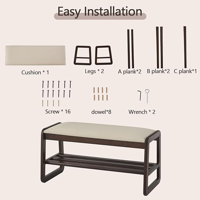 Shoe Rack Bench,2 Tier Wooden Entryway Bench with Shoe Storage, Shoe Rack with Cushion for Living Room, Hallway(Pu Beige, 31.5")