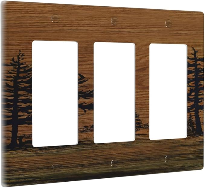Decorative Outlet Covers Rustic Farmhouse Brown Board Pine Tree Wood Grain 3 Gang Gfci Wall Plate Triple Rocker Light Switch Cover Plate Switch Plate Covers for Bathroom Decor