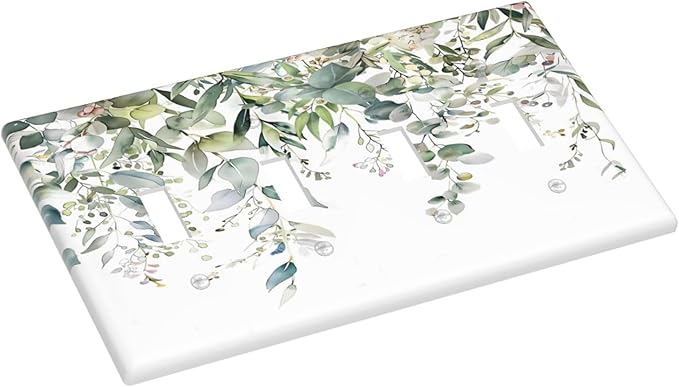 Sage Green Watercolor Eucalyptus Leaves Floral Flowers Light Switch Covers Quad Toggle Electrical Faceplate 4 Gang Wall Plate Decorative Switch Plates for Farmhouse Bed Room Decor