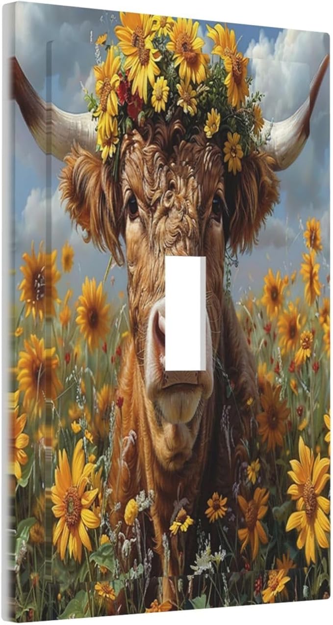 Decorative Light Switch Cover Vintage Sunflower Highland Cow Rustic Art 1 Gang Single Toggle Device Electrical Faceplate Switchplates Decorator Outlet Wall Plate for Bedroom Farmhouse Decor