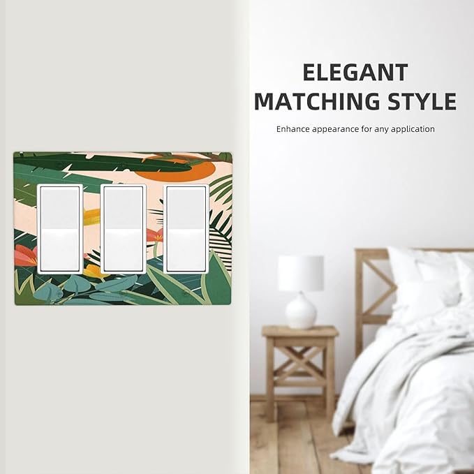 Light Switch Covers Boho Tropical Plant Floral Pattern 3 Gang Rocker Electrical GFCI Decorative Triple Outlet Wall Plate Cover Switchplate for Bedroom Cabin Decor