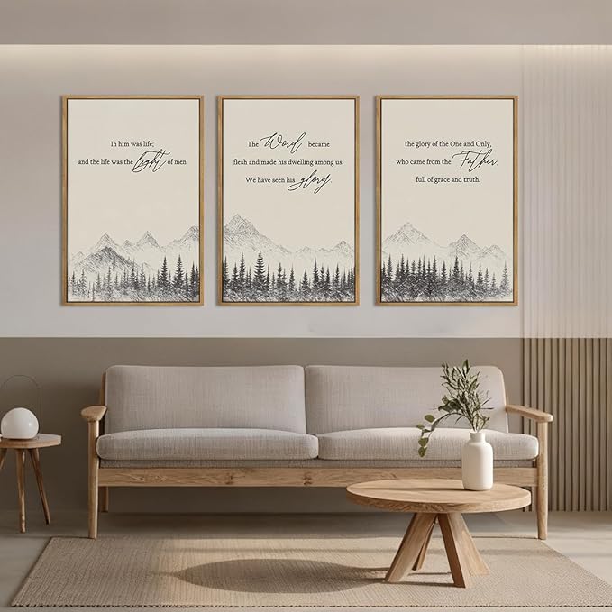 IARTTOP Large Christian Framed Wall Art 16x24 Inch Neutral Mountain Forest Canvas Wall Decor Jesus Bible Verse Catholic Biblical Scripture Prints for Prayer room Living room Set of 3