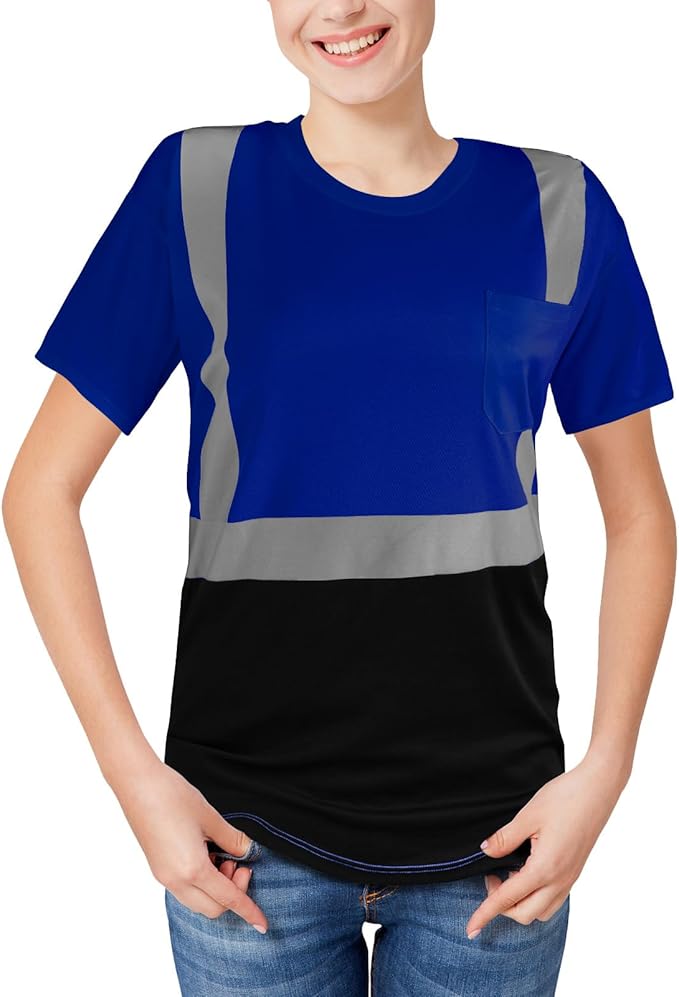 High Visibility Shirts Quick Dry Safety T Shirts with Reflective Strips and Pocket Short Sleeve Mesh Hi Vis Construction Work Class 2 Shirt for Men/Women Black Bottom Blue,3XL