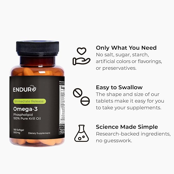 Endur Omega-3 Phospholipid (100% Pure Krill Oil), Heart Health Supplement, Formulated for Optimal Absorption, Gluten Free, 500mg (180 Softgels)