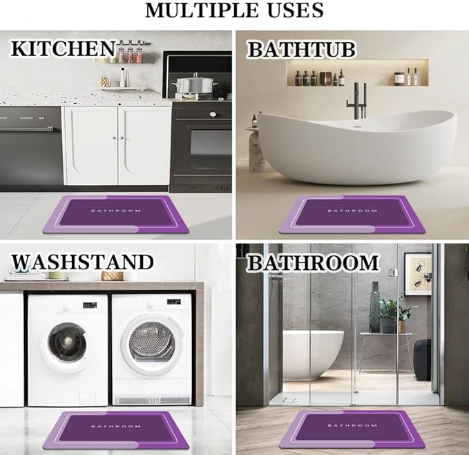 Bath Mat, Super Absorbent Non Slip Quick Dry Thin Rubber Mats for Bathroom Floor, Fit Under Door, Shower Rug for Bathtub, Shower, Purple