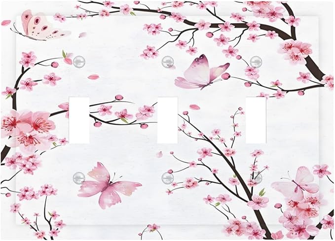 Cherry Floral Watercolor Pink Flowers Butterfly Decorative Switch Plates 3 Gang Wall Plate Triple Toggle Light Switch Cover Faceplate Electrical Wall Panels for Bed Room Living Room Decor