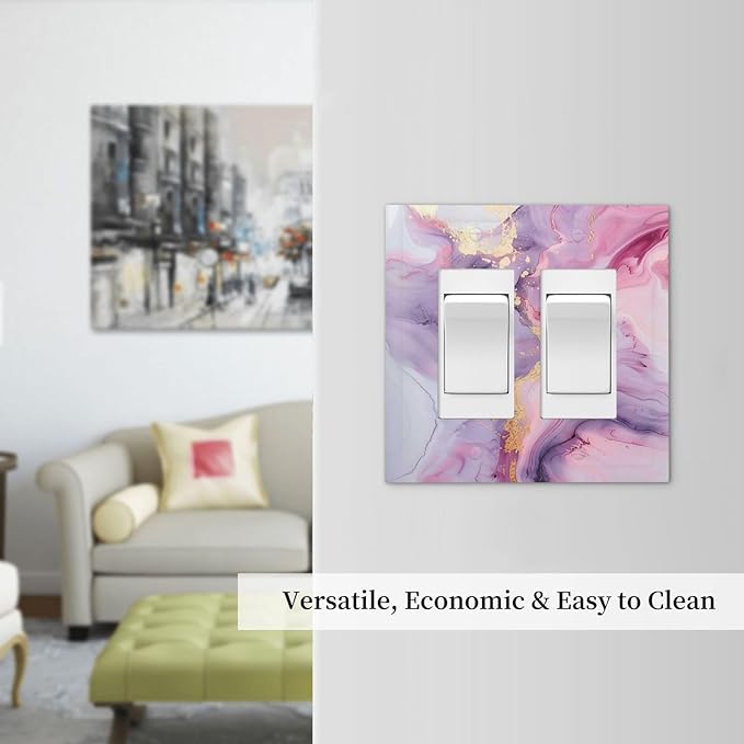 Decorative Outlet Covers Pink Marble Abstract Purple Gold Texture 2 Gang Double GFCI Rocker Electrical Wall Panels Light Switch Cover Plate for Bathroom living Room Decor