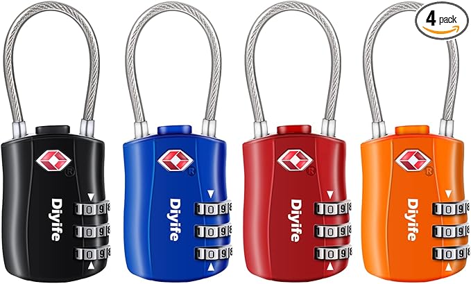 Diyife TSA Approved Locks 4 Pack, Keyless Cable Suitcase Locks, Zinc Alloy, 3 Digit Combination Locks for Travel, Bags, Backpack, Baggage, Black, Blue, Red, Orange
