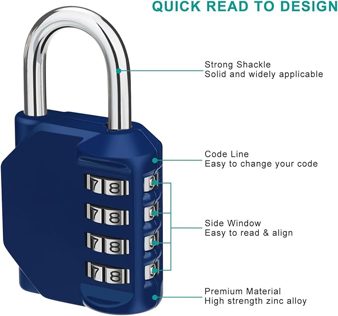 ZHEGE Combination Locker Lock, 4 Digit Outdoor Padlock for Gym, School, Gates, Doors, Fence, Hasps and Storage (Blue)