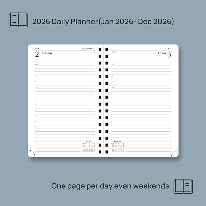 POPRUN 2026 Daily Planner One Page A Day - [8.5" x 5.75" Wire-Bound Hard Cover] Agenda 2026 Hourly Appointment Book with Monthly Calendar, Inner Pocket, Ivory Paper - Haze Blue