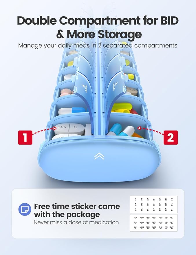 Vaydeer 7 Day Weekly Pill Organizer 2 Times a Day, Metal Am Pm Travel Pill Case, Large Capacity Twice Daily Cute Pill Box for Supplements, Pills, Vitamins and Medication (Gunmetal)