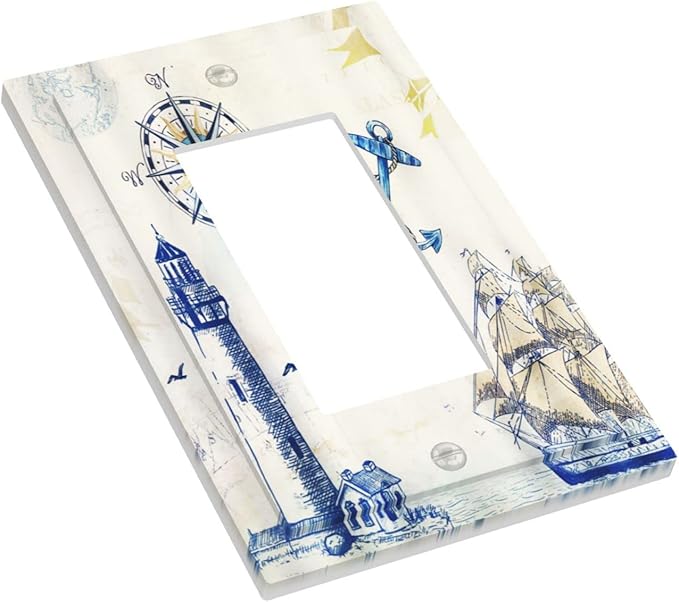 Nautical Sailboat Lighthouse Compass Anchor Single Rocker Light Switch Cover 1 Gang Outlet Cover Decorative Rustic Gfci Electrical Wall Plate Dimmer Switchplate for Country Bathroom Decora