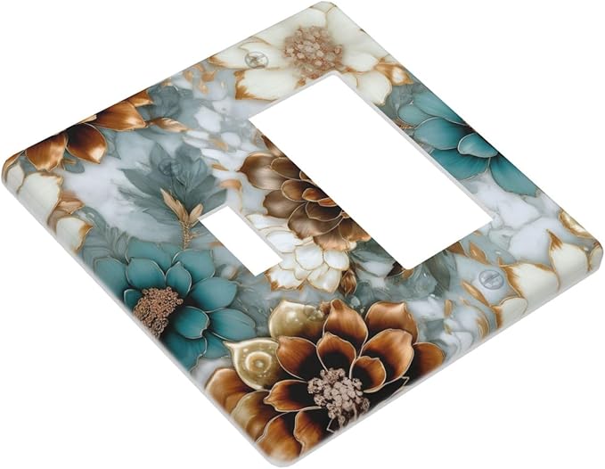 Vintage Marble Floral Gold/Green/White Metal Flowers 2 Gang Combination Light Switch Covers Decorative Toggle Rocker/Decora Wall Plate Electrical Receptacle Switchplate Dimmer Faceplate