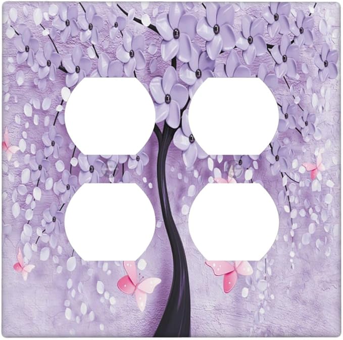 Decorative Light Switch Cover Plate 3d Purple Tree 2 Gang Socket Covers Double Duplex Wallplates Switch Plates and Outlet Covers for Bedroom Bathroom Decor