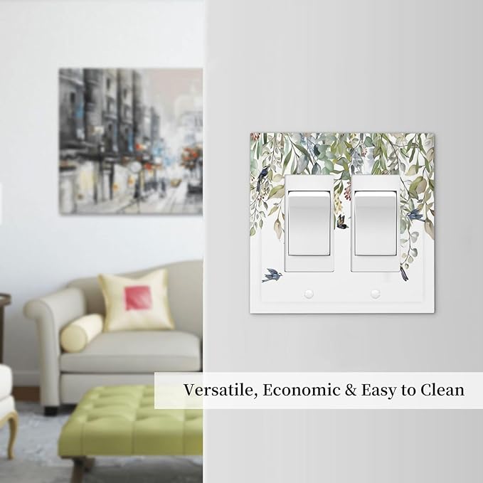 Green Leaf Eucalyptus Leaves Floral Bird Butterfly Decorative Outlet Covers 2 Gang Double GFCI Rocker Electrical Wall Panels Light Switch Cover Plate for Bed Room Living Room Decor