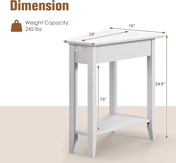 Giantex Wedge End Table White, Triangle Side Table with Storage Shelf and Solid Wood Legs, Recliner Table, 24.5" Tall Nightstand, Modern Narrow Accent Table for Small Space Living Room