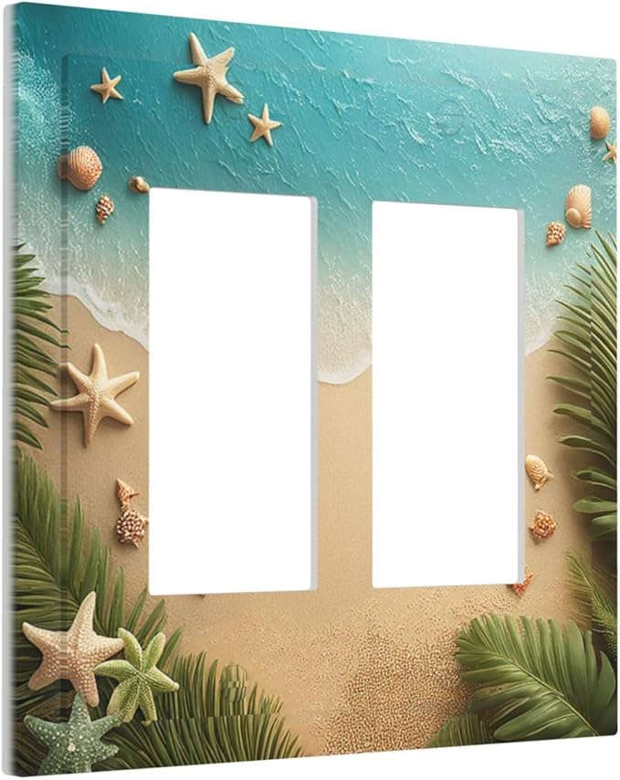 Decorative Outlet Covers Summer Beach Themed Starfish Seashells 2 Gang Double GFCI Rocker Electrical Wall Panels Light Switch Cover Plate for Bedroom Bathroom Decor