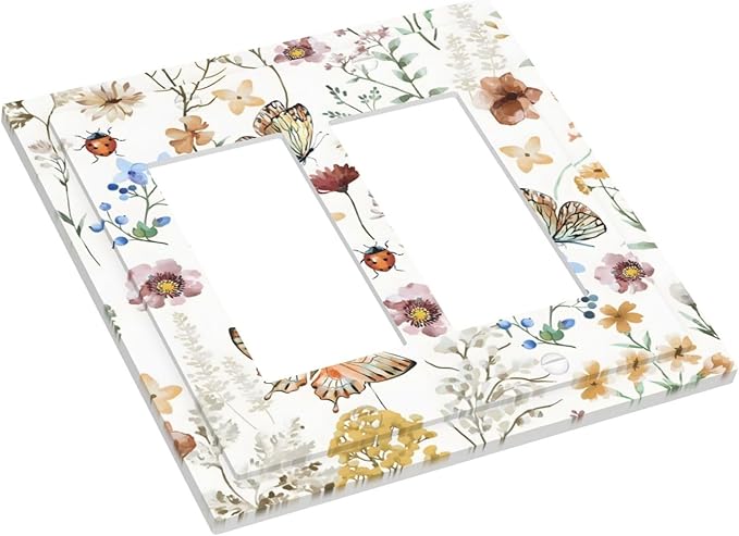 Boho Multicolor Flower Butterfly Insect Floral Decorative Outlet Covers 2 Gang Double GFCI Rocker Electrical Wall Panels Light Switch Cover Plate for Bedroom Living Room Decor