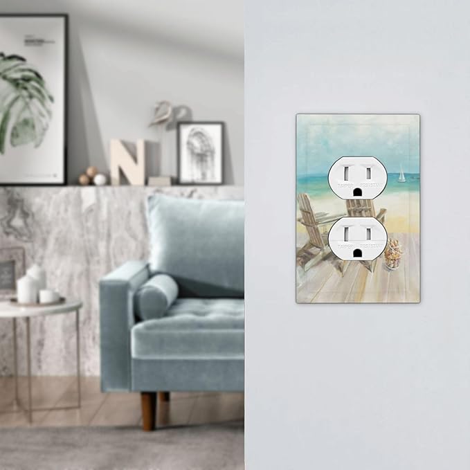 Outlet Covers Beach Chair Seascape Blue Ocean 1 Gang Duplex Light Switch Cover Plate Modern Coastal Decorative Wall Plates Electrical Switchplate Receptacle Cover for Bathroom Bedroom Decor