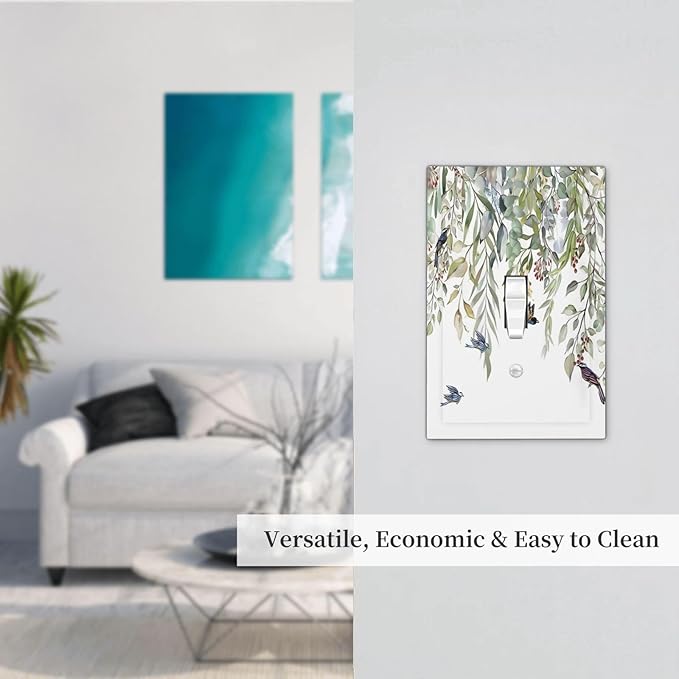 Green Leaf Eucalyptus Leaves Floral Bird Butterfly Decorative Light Switch Cover 1 Gang Single Toggle Device Electrical Faceplate Switchplates Decorator Outlet Wall Plate for Bed Room Living Room