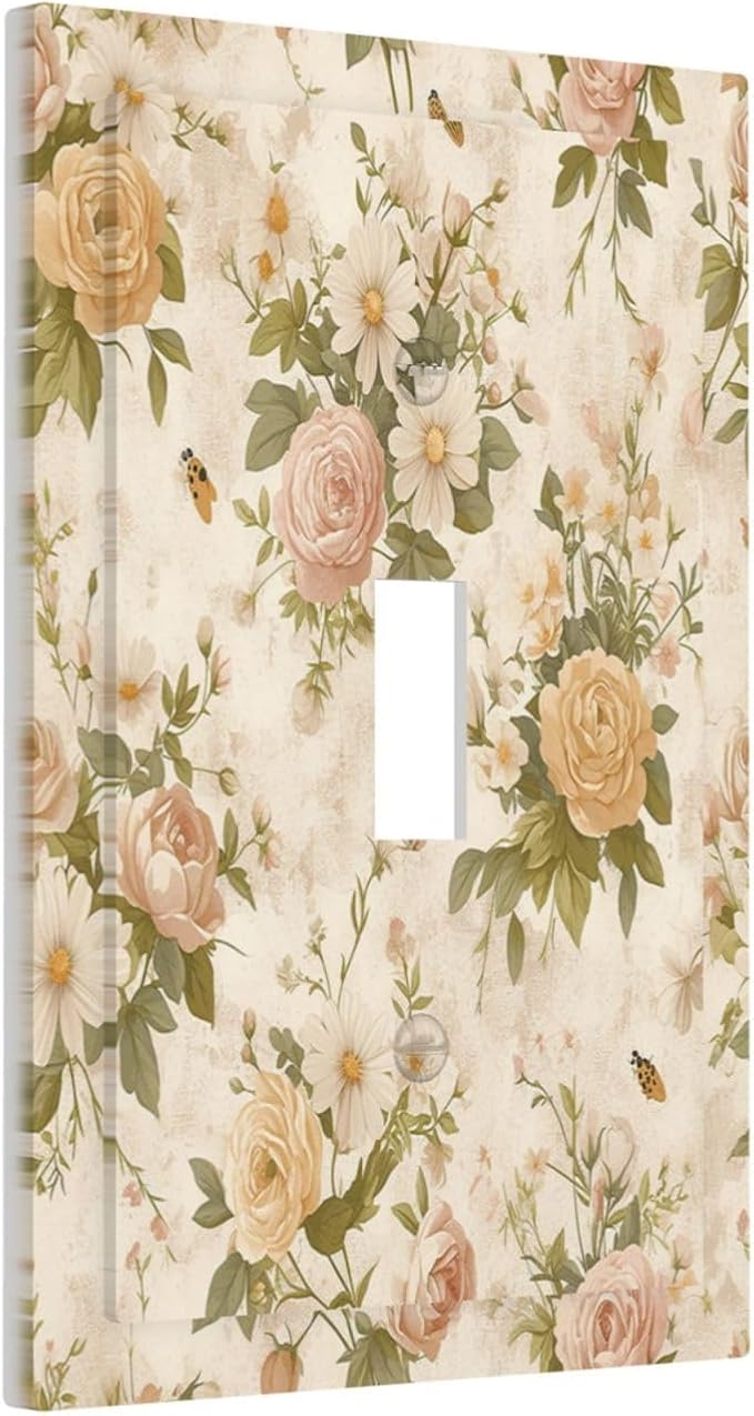 Decorative Light Switch Cover Boho Vintage Roses Pink Red Yellow Bouquet Floral 1 Gang Single Toggle Device Electrical Faceplate Switchplates Decorator Outlet Wall Plate for Bedroom