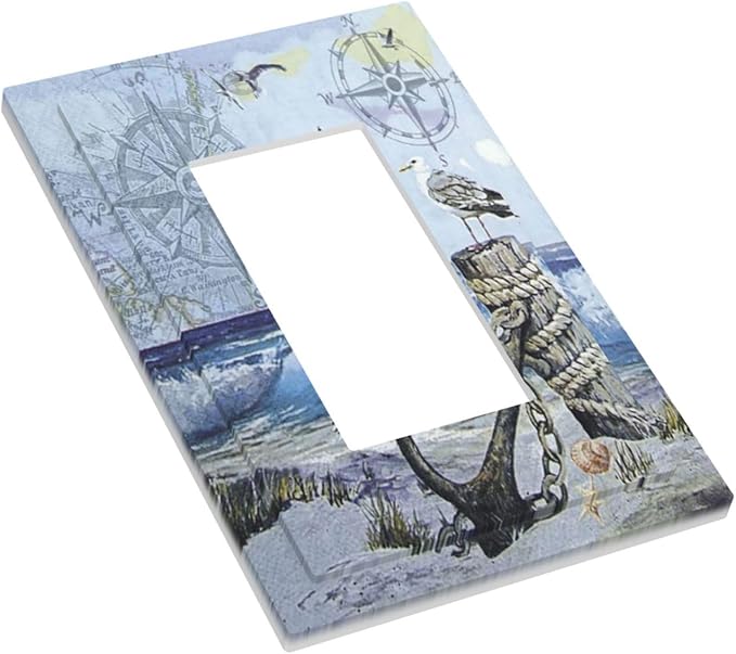 Outlet Covers Sea Ocean Sand Coast Compass Ship Lighthouse Anchor 1 Gang Wall Plate Single Rocker Light Switch Cover Decorative GFCI Receptacle Cover Electrical Switchplate for Bathroom Decor