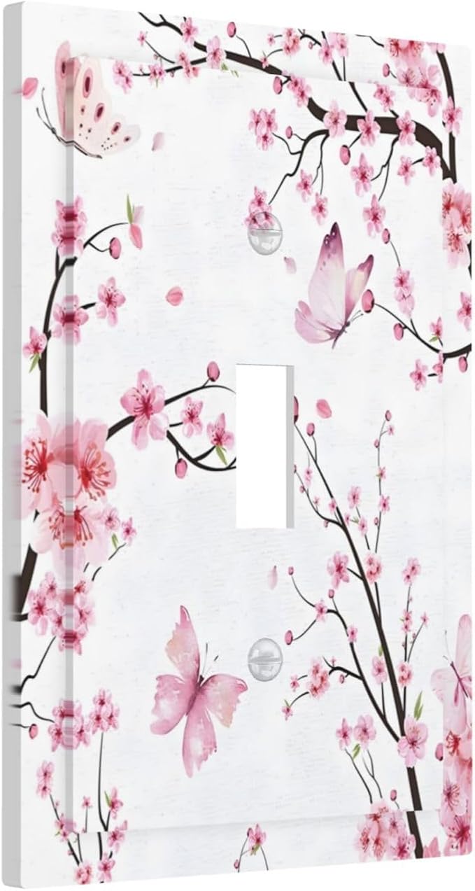 Cherry Floral Watercolor Pink Flowers Butterfly Decorative Light Switch Cover 1 Gang Single Toggle Device Electrical Faceplate Switchplates Decorator Outlet Wall Plate for Bed Room Living Room Decor