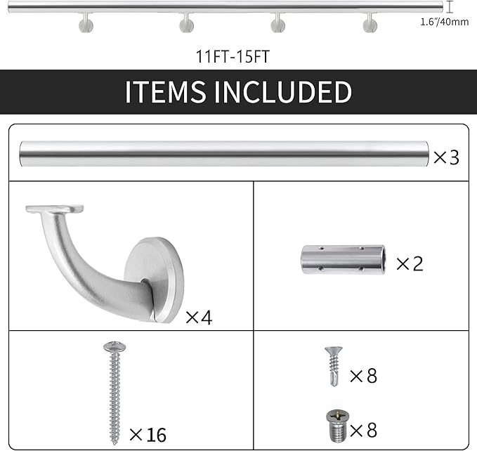 11FT Modern Aluminum Handrail Set, handrails for Indoor Stairs,Deck,Slope, Wall Mounted Staircase handrails, Zink Alloy Brackets Included,Rust Free. (Anodized Silver, 11 FT)