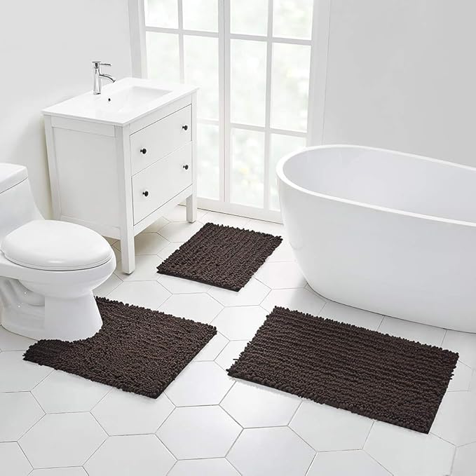 Walensee Large Bathroom Rug Non Slip Bath Mat (72x24 Inch Brown) Water Absorbent Super Soft Shaggy Chenille Machine Washable Dry Extra Thick Perfect Absorbant Best Plush Carpet for Shower Floor