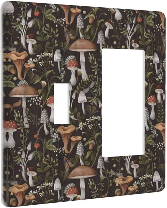 Funky Retro Vintage 70s 60s Boho Hippie Mushroom 2 Gang Light Switch Cover Plates Decorative Combination Toggle Rocker/Decora Wall Plate Floral Leaf Electrical Switchplate Faceplate for Bathroom